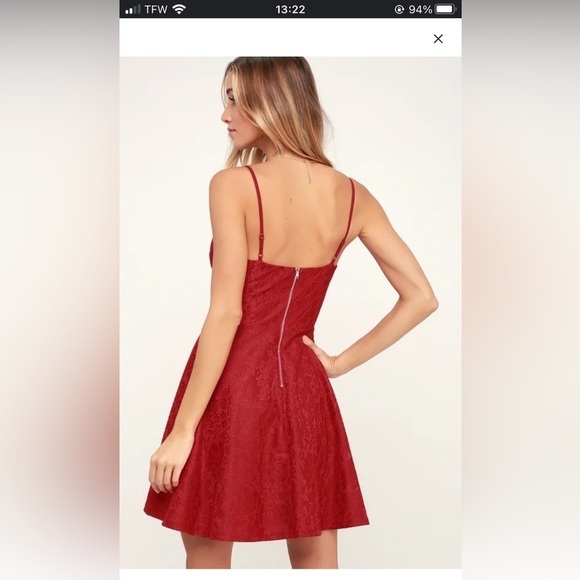 Lulus Way with Words Berry Red Floral Lace Skater Dress Full Skirt Fitted Waist - Picture 4 of 14